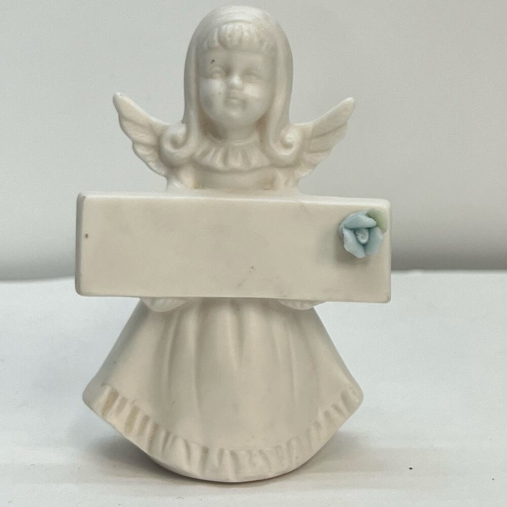 Vintage Ardalt Japan Bisque Porcelain Angel Figurine White Blue Rose Banner 3.5"